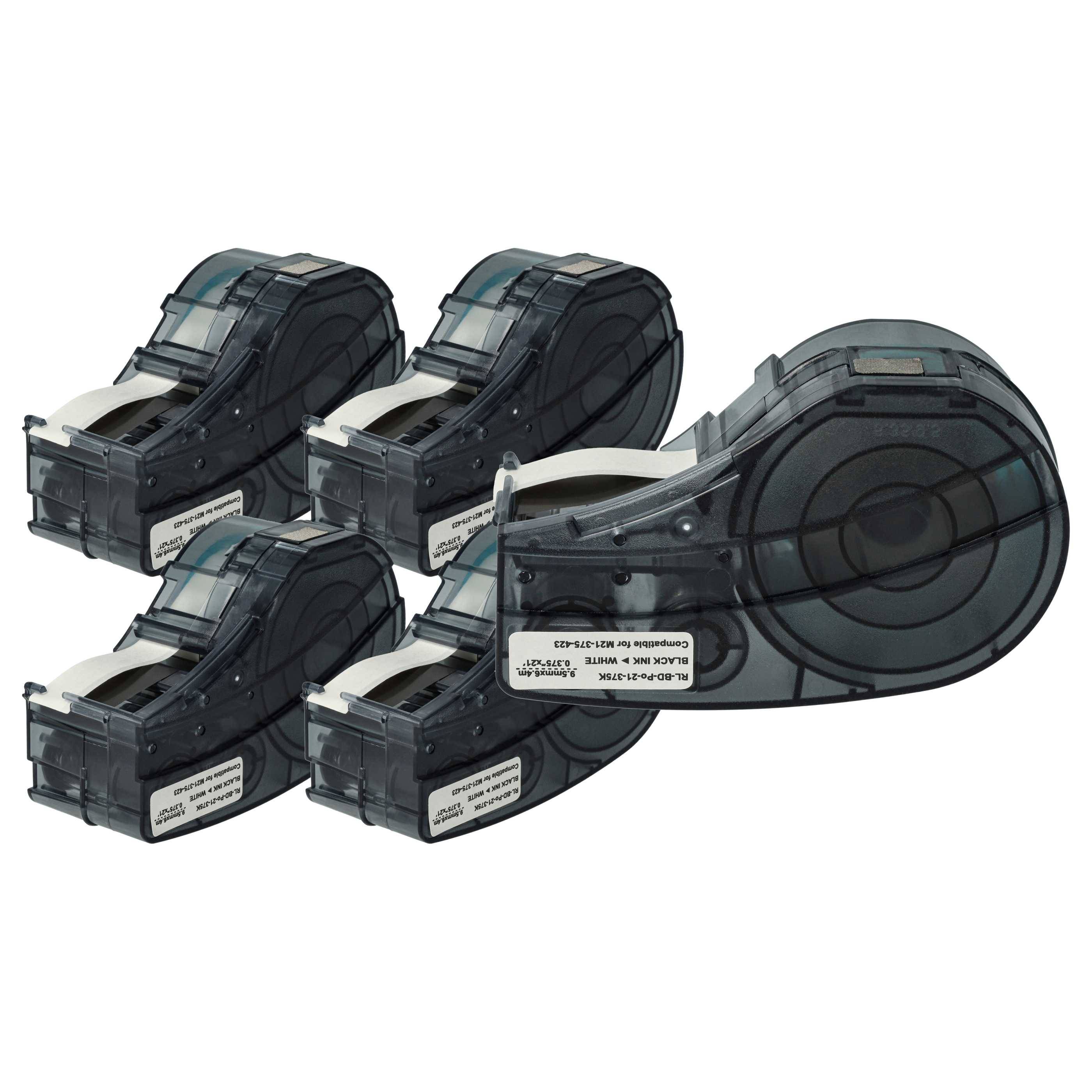 vhbw 5x Schriftband-Kassette kompatibel mit Brady BMP21-LAB, BMP21-PLUS, BMP21 Etiketten-Drucker 6,4m x 9,53mm Schwarz auf Weiß, Permanentpolyester
