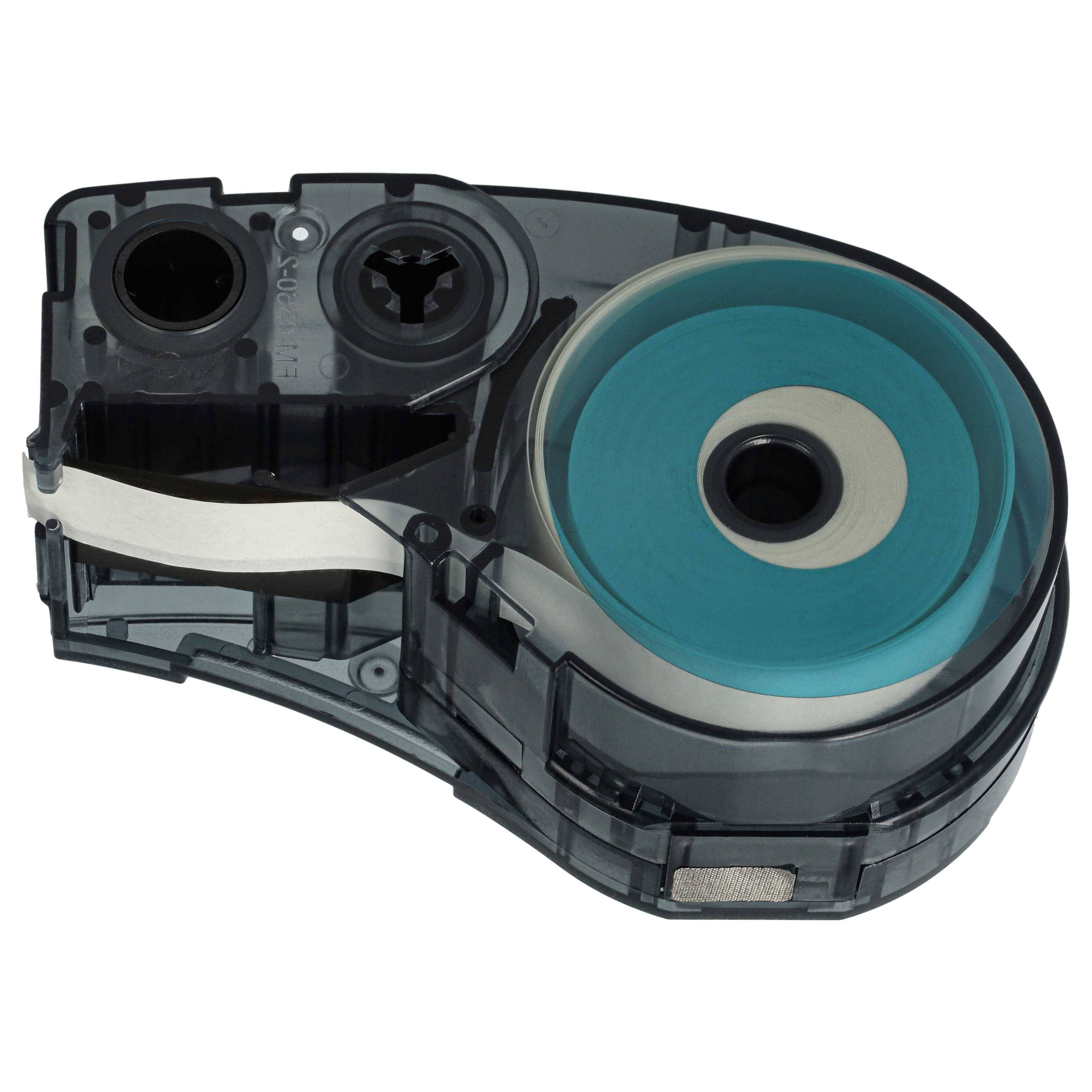 Eine blaue Bandkassette, die in Beschriftungsgeräten verwendet wird, in einem transparenten, strapazierfähigen Plastikgehäuse mit sichtbaren Mechanismen im Inneren.