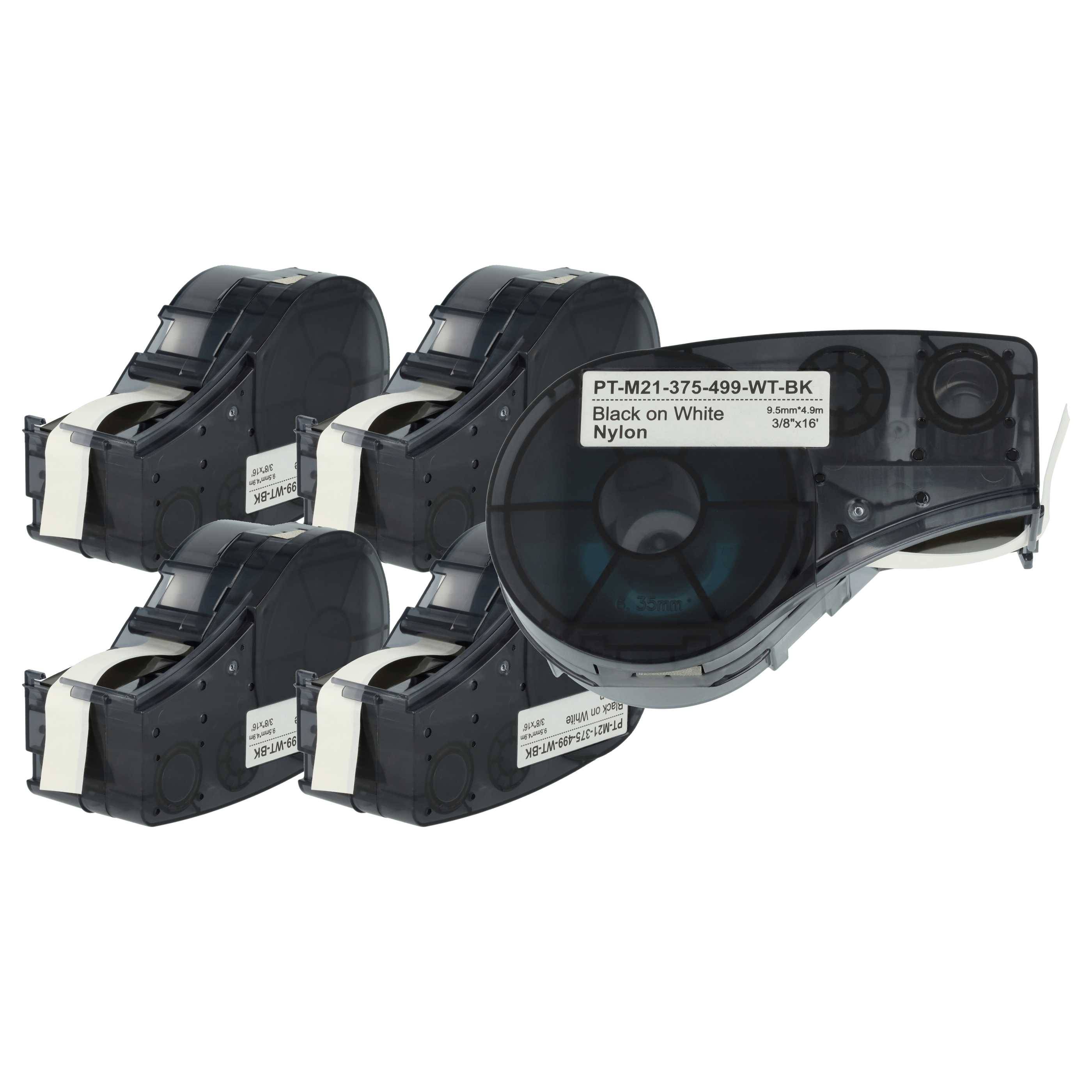 vhbw 5x Schriftband-Kassette kompatibel mit Brady BMP21-LAB, BMP21 Etiketten-Drucker 4,88m x 9,53mm Schwarz auf Weiß, Nylon Cloth Polyamid