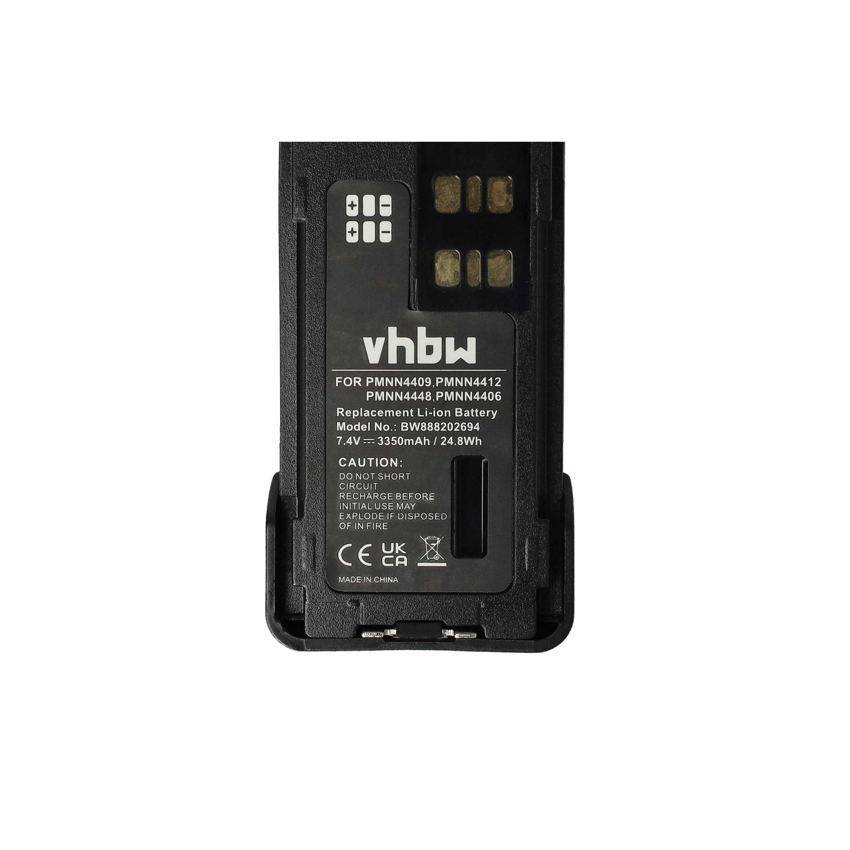 vhbw 1x Akku Ersatz für Motorola PMNN4490A, PMNN4491, PMNN4490B für Funkgerät, Walkie Talkie (3350 mAh, 7,4 V, Li-Ion) + Gürtelclip