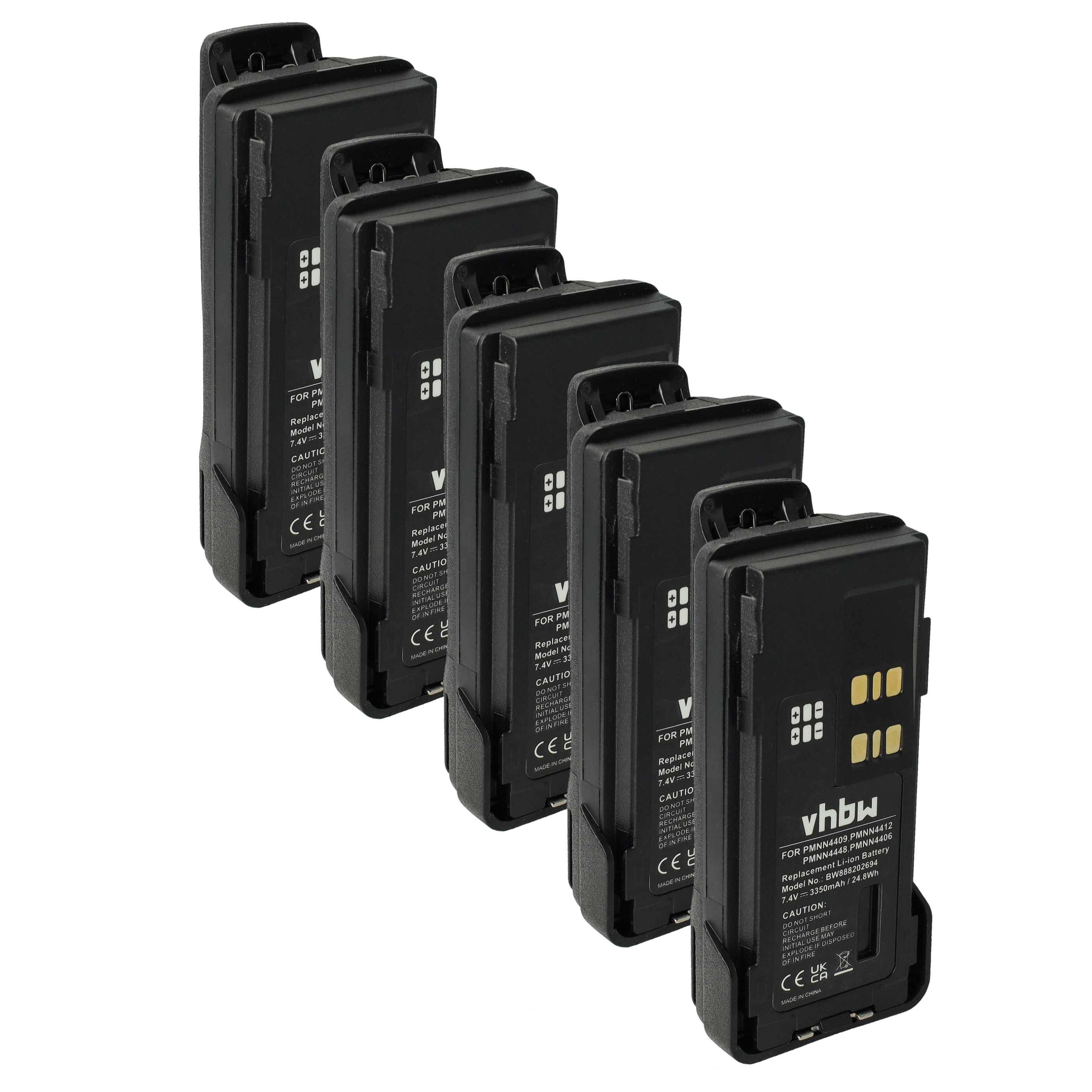 vhbw 5x Akku Ersatz für Motorola PMNN4489A, PMNN4490, PMNN4448 für Funkgerät, Walkie Talkie (3350 mAh, 7,4 V, Li-Ion) + Gürtelclip