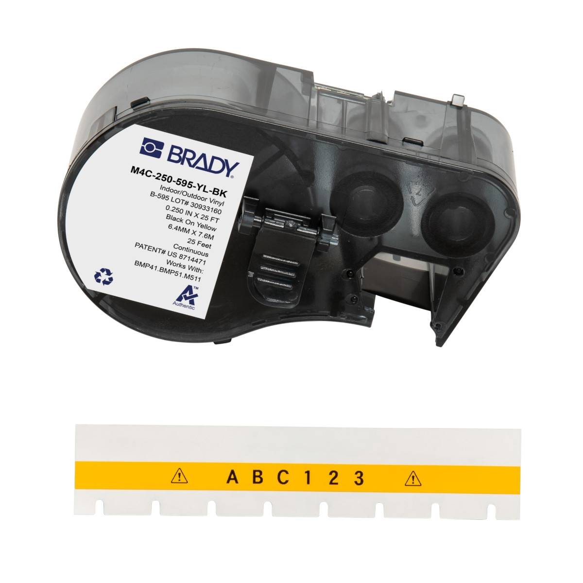 Endlos-Etikett aus Vinyl, 6,35 mm x 7,62 m, gelb, Brady M4C-250-595-YL-BK