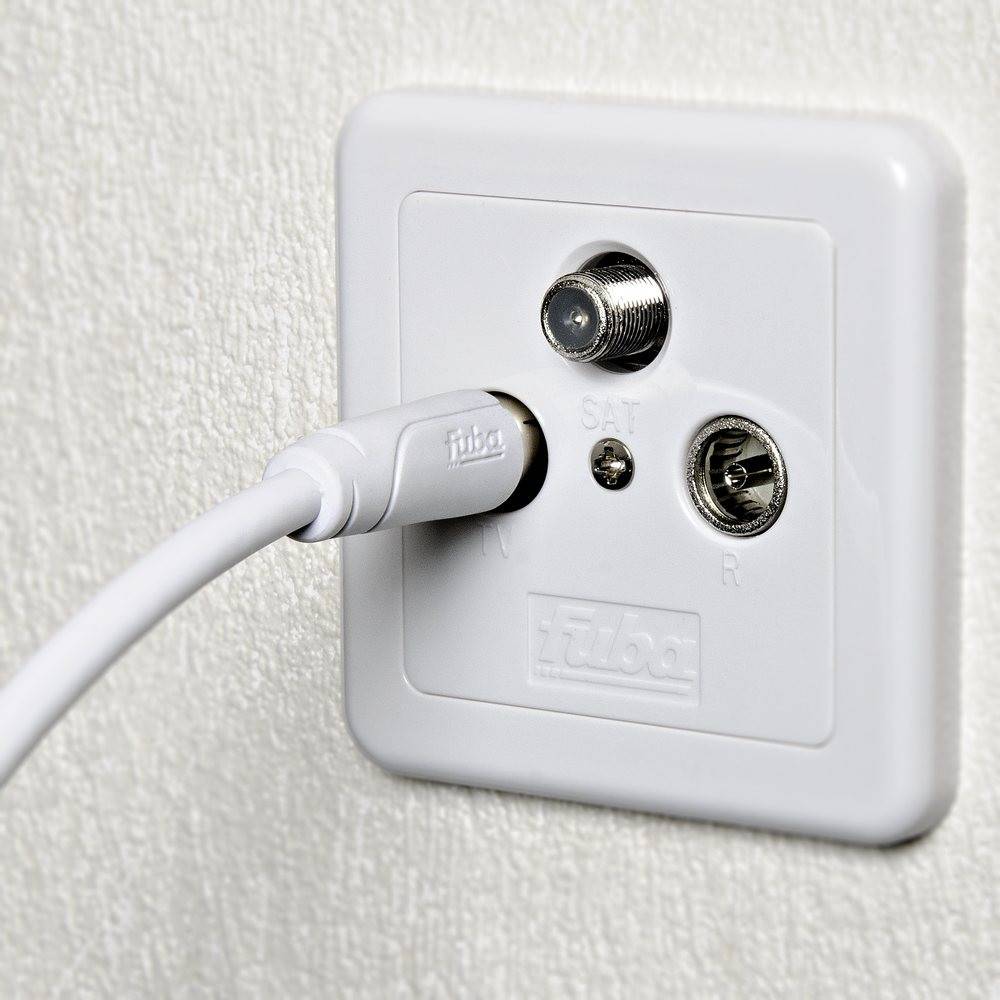 Fuba 2m Antennenkabel weiß - TV Anschlusskabel 4-fach geschirmt, 120 dB Schirmungsmaß - UHD 8K 4K 3D HDTV - IEC Koaxial Kabel Stecker/Buchse DVB-C