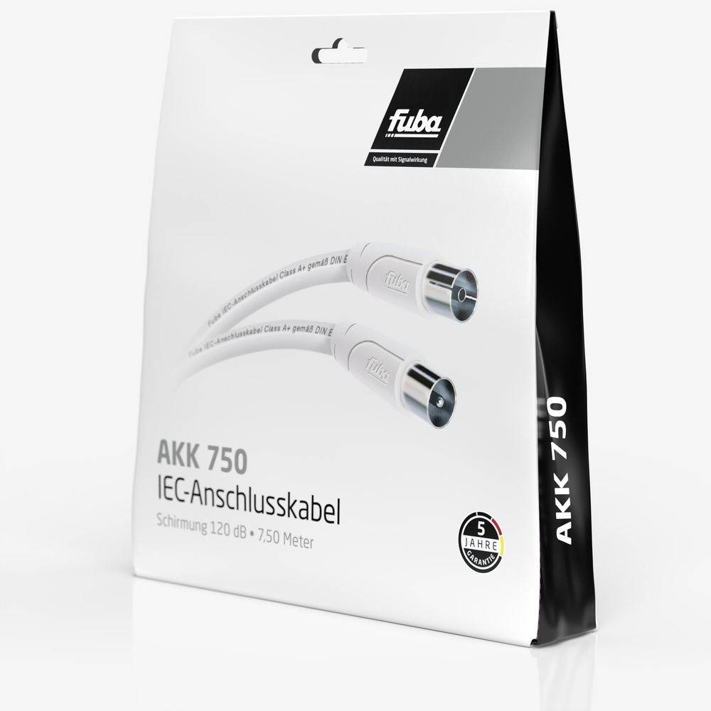 Fuba 7,5m Antennenkabel weiß - TV Anschlusskabel 4-fach geschirmt, 120 dB Schirmungsmaß - UHD 8K 4K 3D HDTV - IEC Koaxial Kabel Stecker/Buchse DVB-C