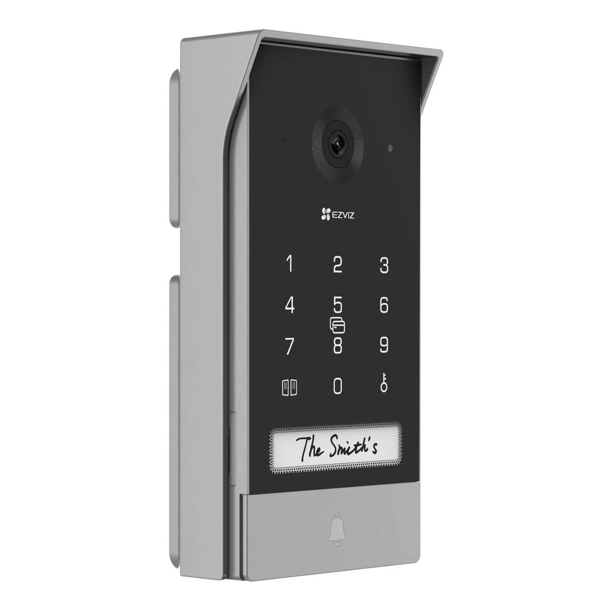 Schwarze EZVIZ intelligente Video-Türklingel mit Kamera, numerischer Tastatur, Klingeltaste und Namensschild mit der Aufschrift „The Smith's