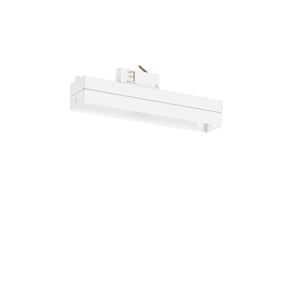 Deckenmontierte lineare Stromschieneleuchte mit elegantem, minimalem Design und weißer Oberfläche.