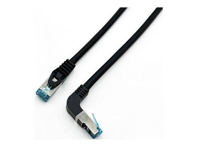 Zwei schwarze Ethernet-Kabel mit RJ45-Steckern auf weißem Hintergrund, eines gerade und eines mit rechtwinkliger Ausführung.