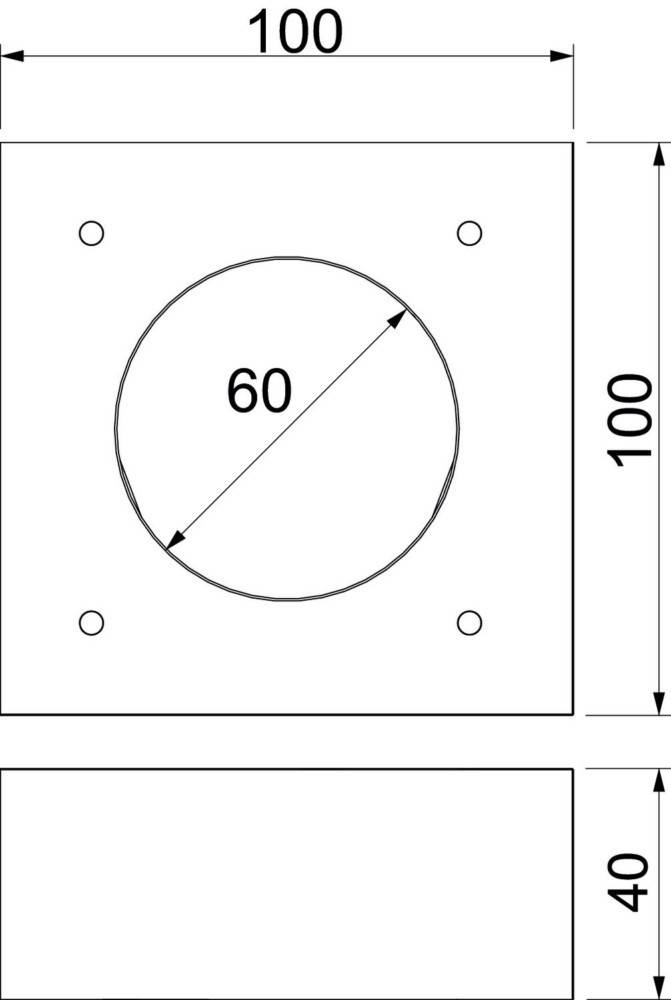 Eine technische Zeichnung zeigt eine quadratische Platte mit einem zentralen Kreis, dessen Durchmesser mit '60' beschriftet ist, und vier Löchern an den Ecken. Plattenhöhe: '100'.