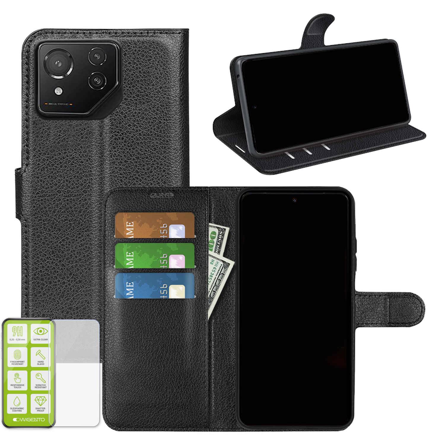 Für Asus ROG Phone 8 Kunst Leder Book Wallet Tasche Schwarz + H9 Glas