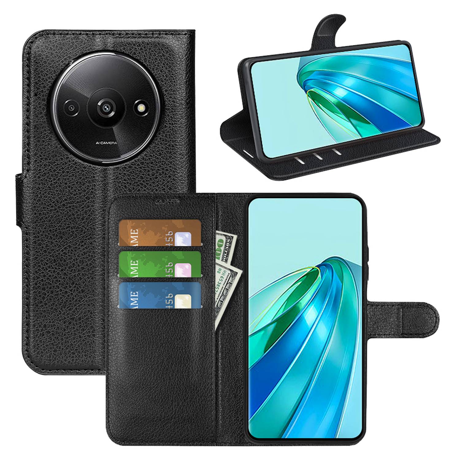 Für Xiaomi Redmi A3 Kunst Leder Book Wallet Schutz Tasche Case Schwarz