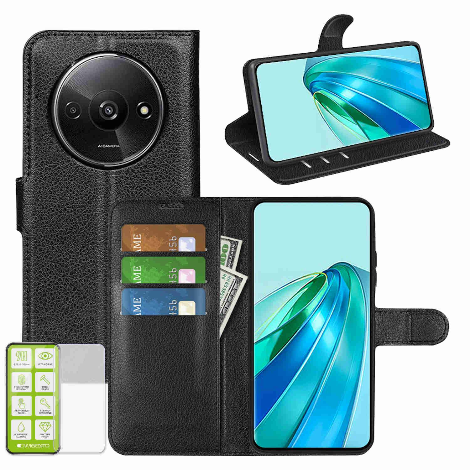 Für Xiaomi Redmi A3 Kunst Leder Book Wallet Tasche Schwarz + H9 Glas