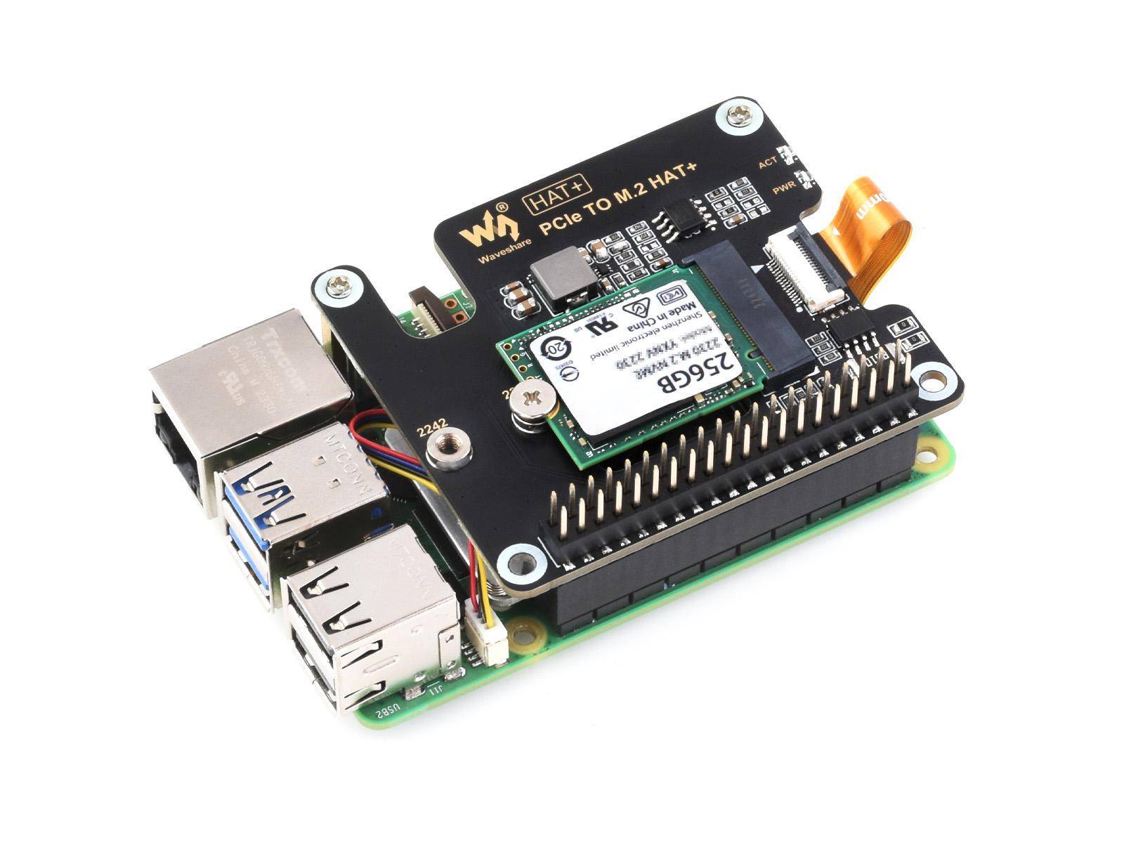 Waveshare 16-Pin PCIe zu M.2 Adapter für Raspberry Pi 5, SSD, NVMe Gen2 & Gen3, LED Statusanzeige