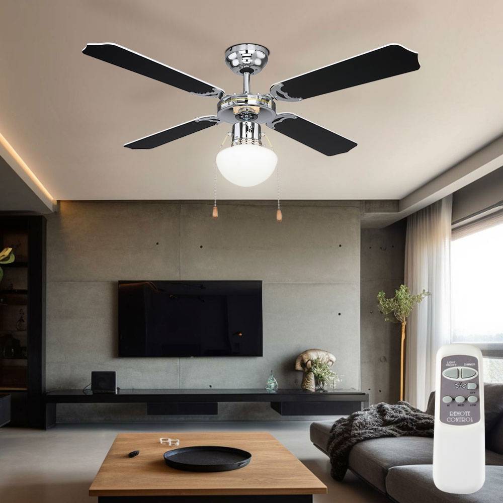 Deckenventilator mit Zugschalter 3 Stufen Flügel wendbar Vor- und Rücklauf Deckenleuchte Sommer Wintermodus Fernbedienung, 1x E27, DxH 106,6x41,5 cm