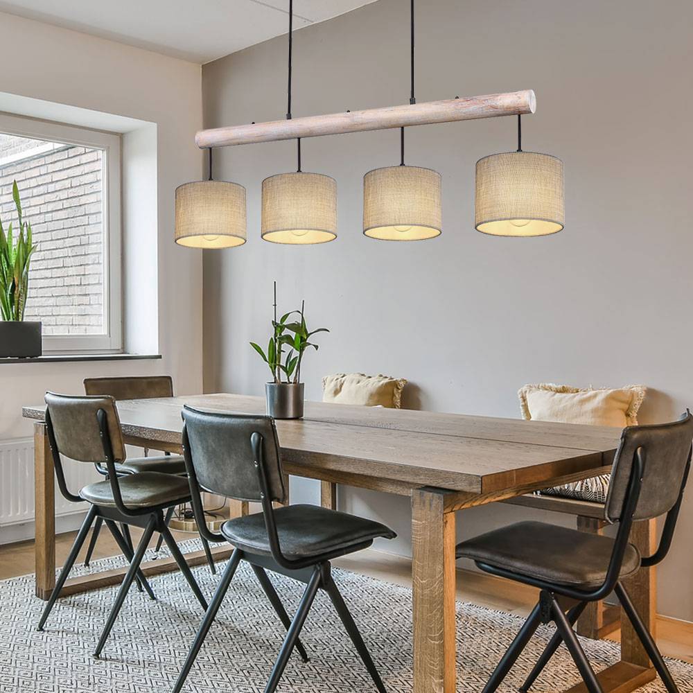 Hängeleuchte Holzbalken Höhenverstellbar Esszimmerleuchte Holz Pendelleuchte Esstisch Textil, grau Natur, 4xE27, LxBxH 102x18x120 cm