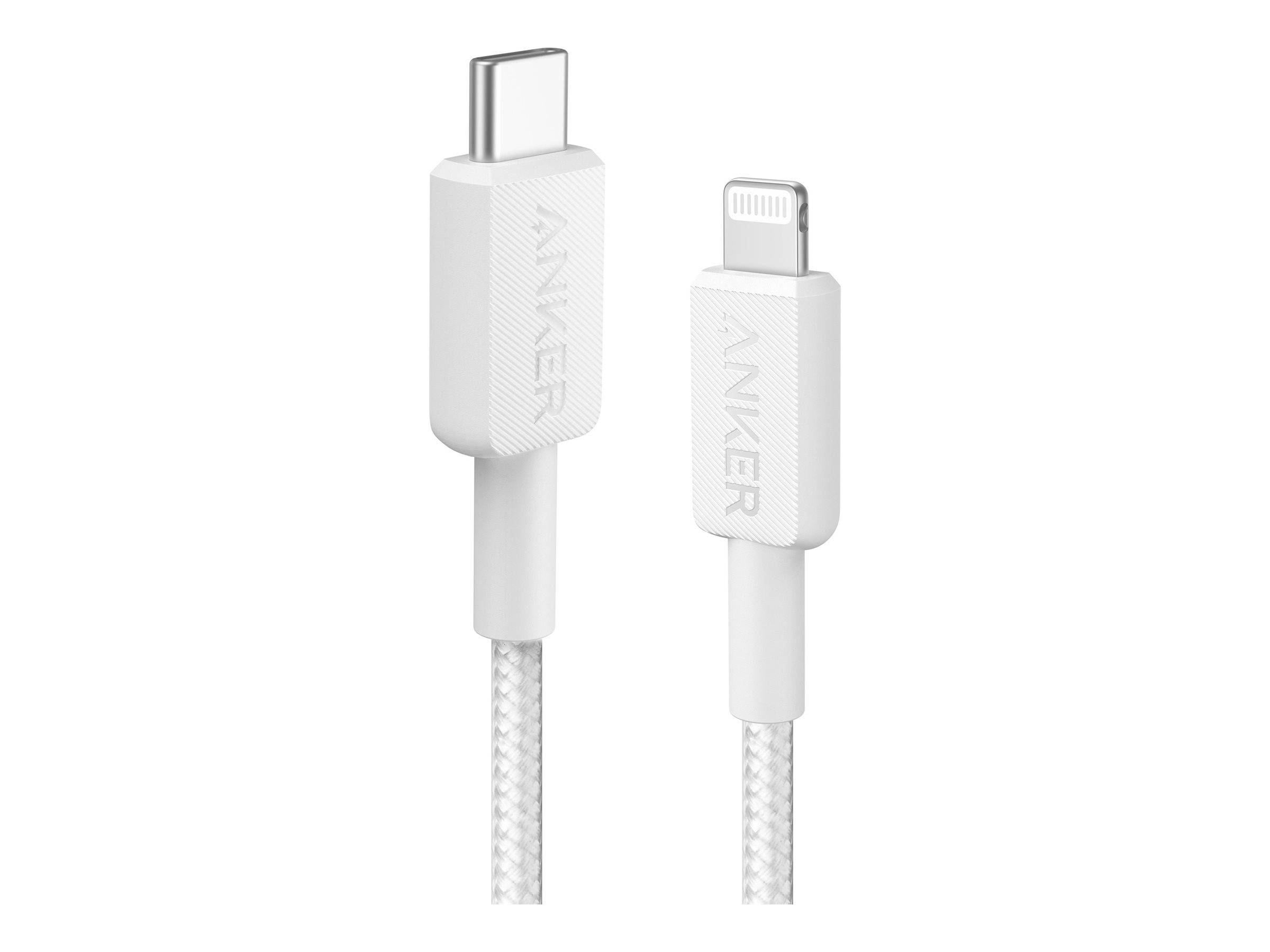 Ein weißes geflochtenes Ladekabel mit einem USB-C-Anschluss an einem Ende und einem Lightning-Anschluss am anderen Ende, mit der Bezeichnung 