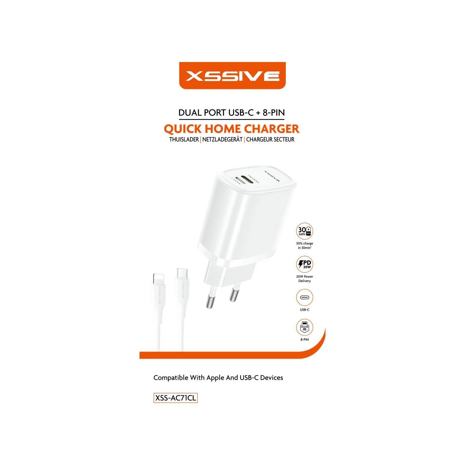 Dual-Port USB-C + 8-Pin Schnellladegerät für Zuhause