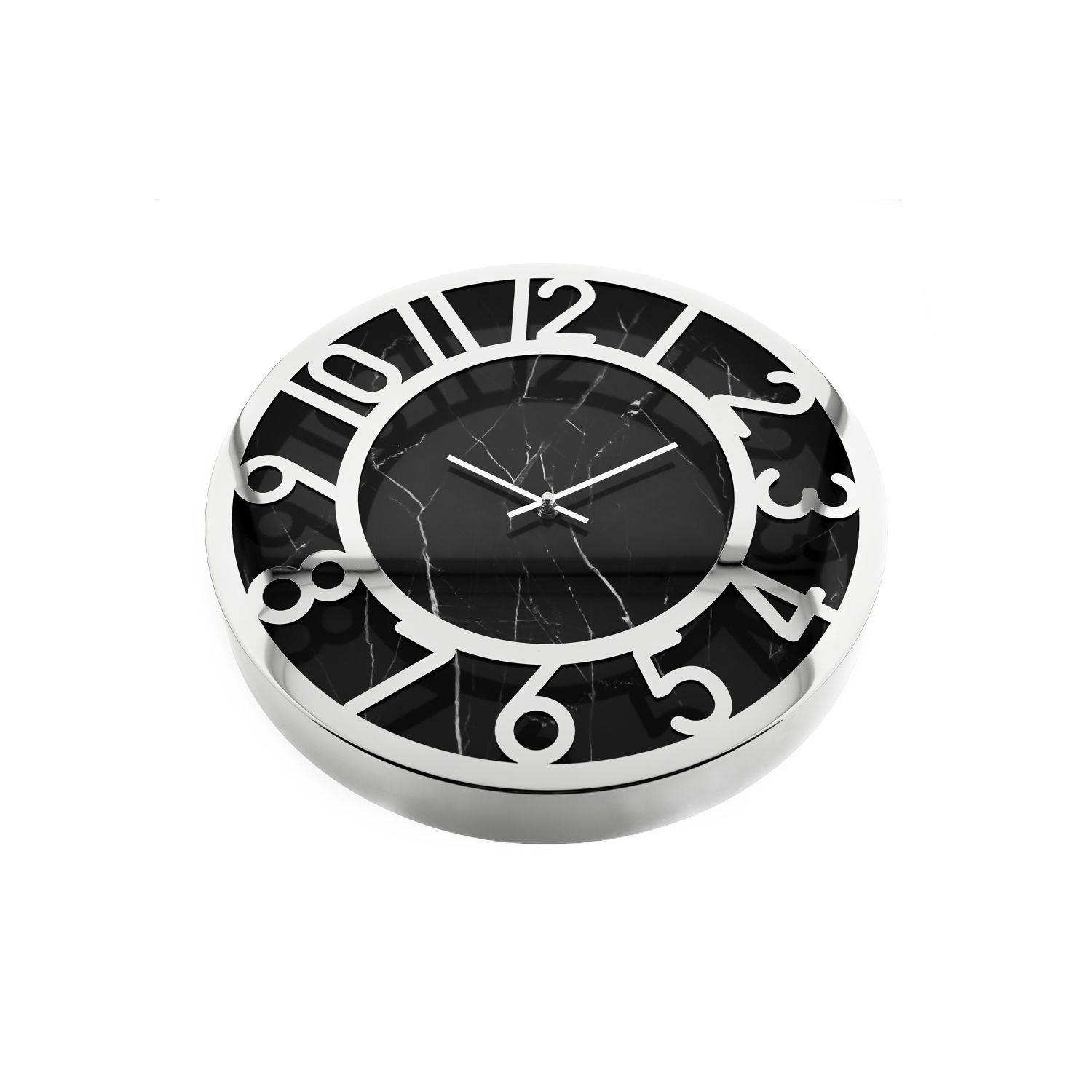 Almina moderne Wanduhr mit Marmormuster 60 cm mit Ziffern in Schwarz/Silber