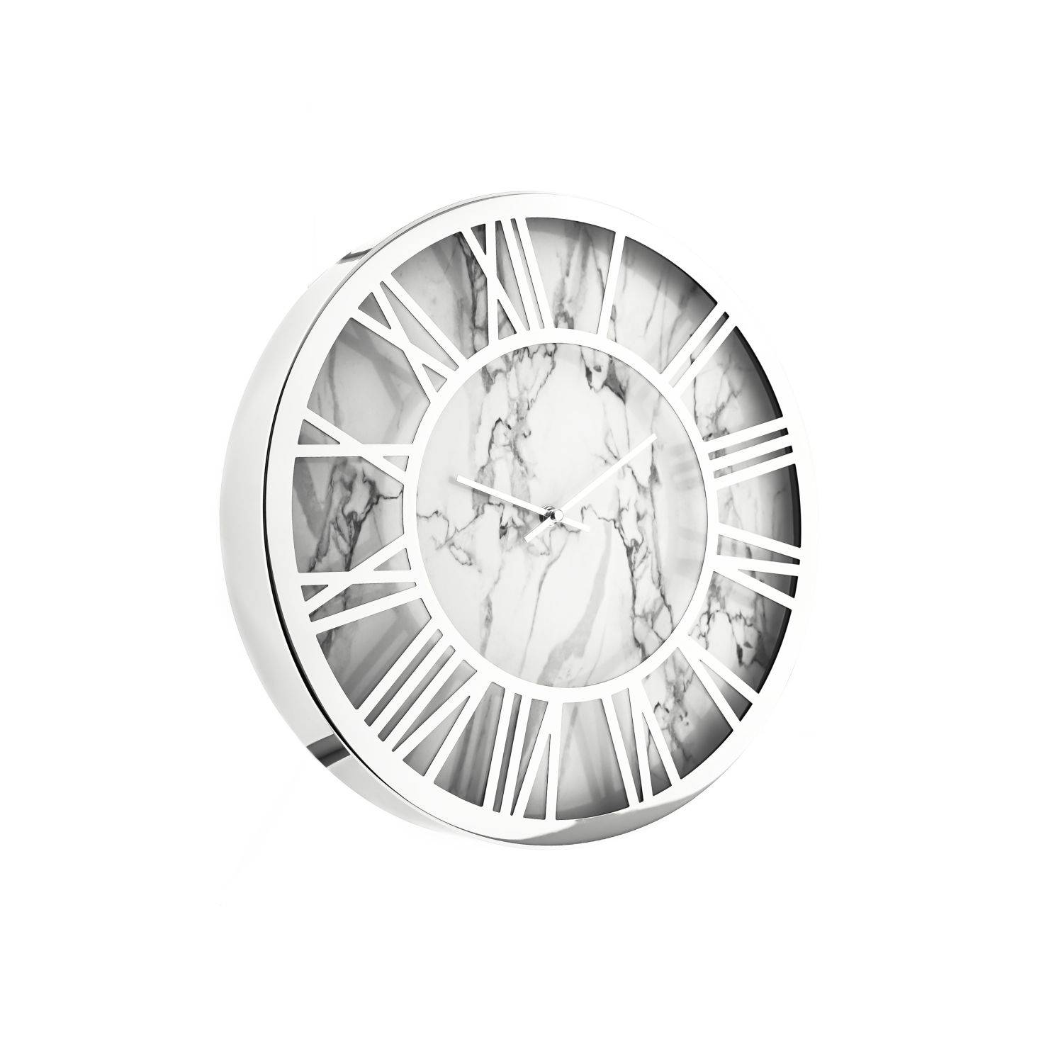 Almina Wanduhr mit Römischen Ziffern in Weiß/Silber mit Marmormuster 60 cm