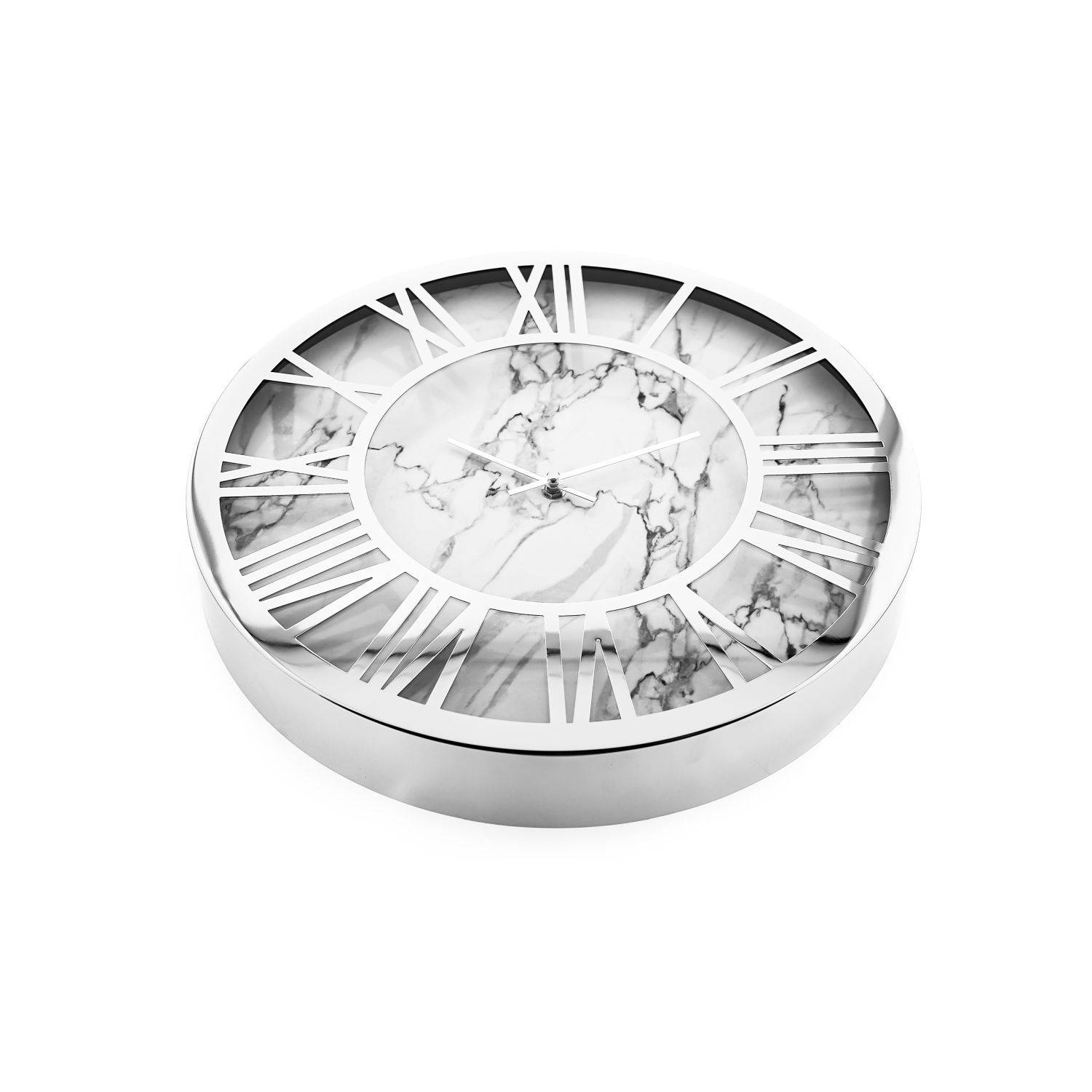 Almina Wanduhr mit Römischen Ziffern in Weiß/Silber mit Marmormuster 60 cm