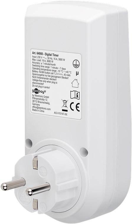 Goobay Digitale Zeitschaltuhr, programmierbar, 10 Programme, 16 A, max. 3600 W, 230 V