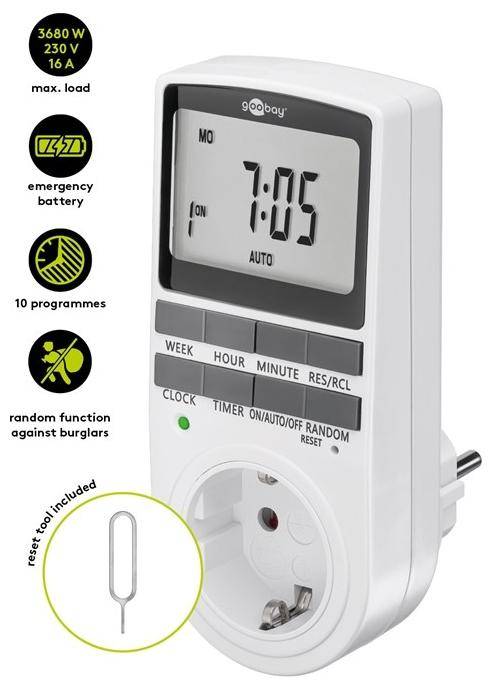 Goobay Digitale Zeitschaltuhr, programmierbar, 10 Programme, 16 A, max. 3600 W, 230 V