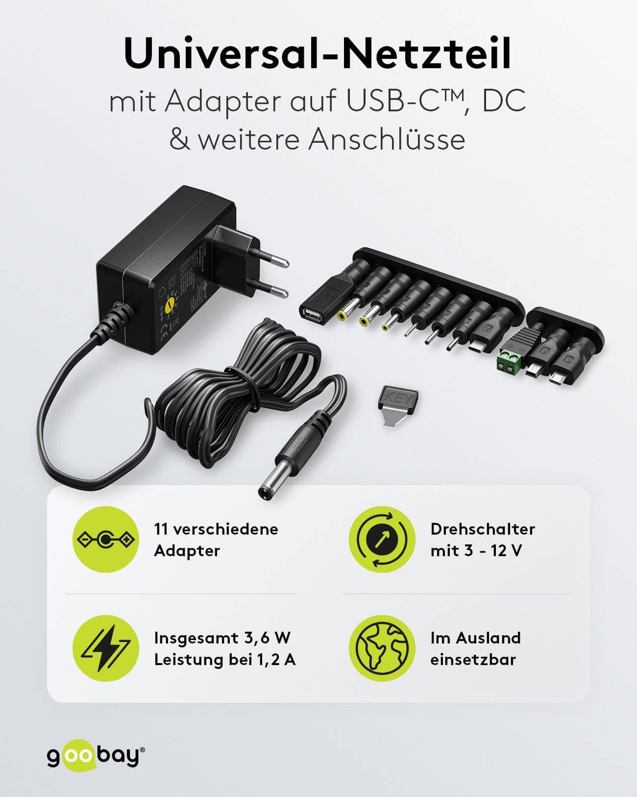 GOOBAY Universal-Netzteil 65592, 3-12V, 3,6W, mit 11 Adaptern
