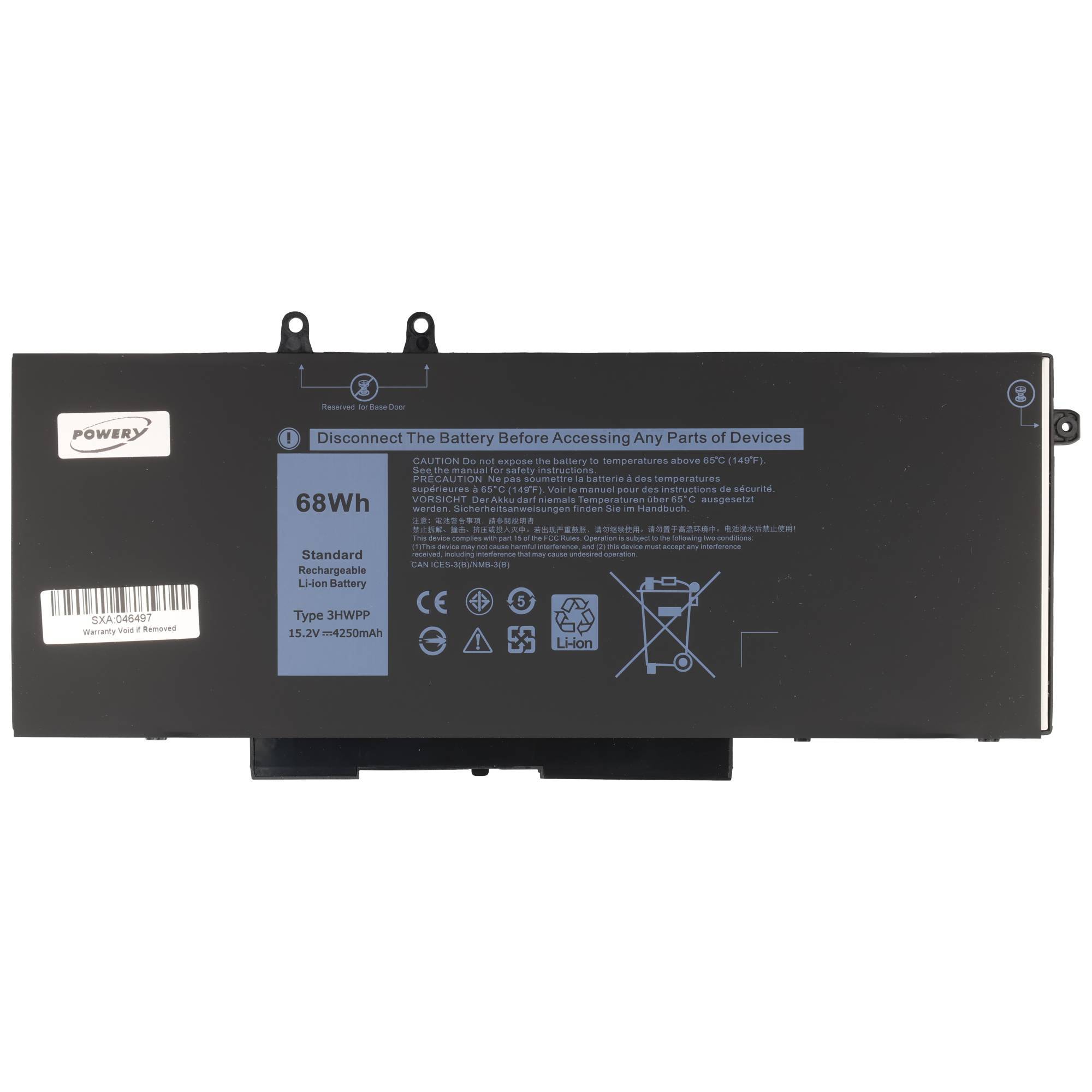 Schwarzes Laptop-Akkupack mit Aufschrift „68Wh