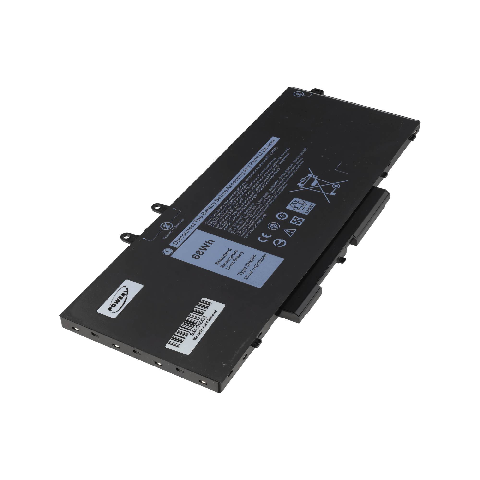 Schwarzer Laptop-Akku mit Dell-Branding und Barcode, isoliert auf weißem Hintergrund dargestellt.