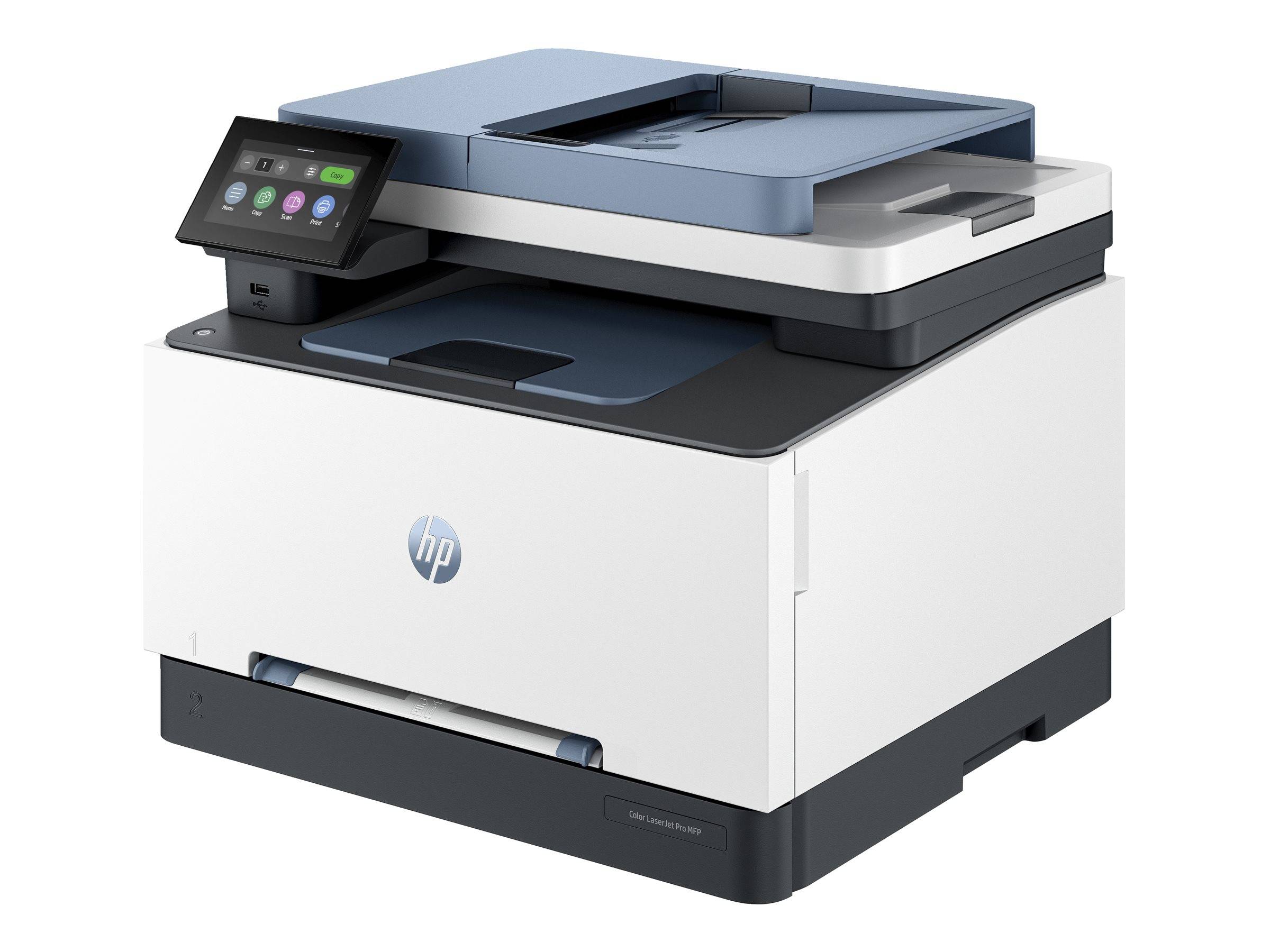 HP Multifunktionsdrucker Alles-in-Einem mit Touchscreen, Scannerklappe und Papierfach.