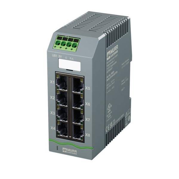Industrie-Ethernet-Schaltermodul mit acht RJ45-Anschlüssen und oberen Stromversorgungsklemmen, dargestellt in einem grauen DIN-Schienen-Gehäuse.