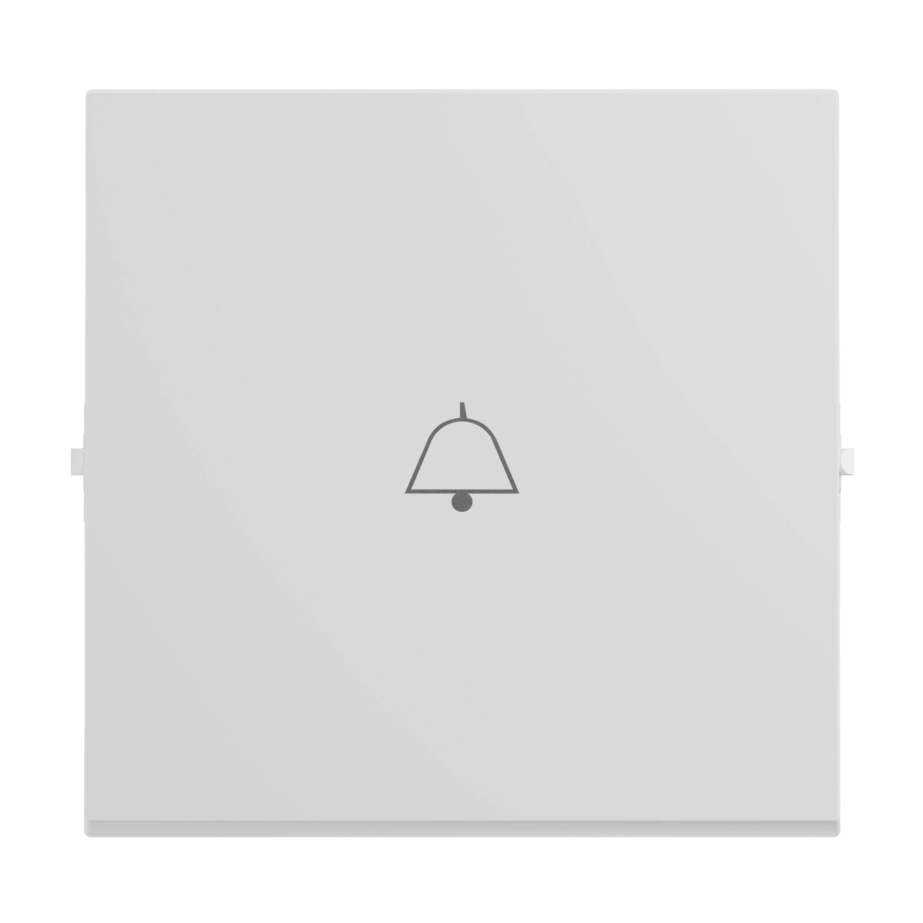 Weißer quadratischer Druckknopf mit einem zentrierten Glockensymbol, das auf einen Türklingel- oder Benachrichtigungsknopf hinweist.