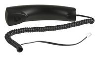 Schwarzer Telefonhörer mit Spiralkabel und losem Anschlusskabel auf weißem Hintergrund.