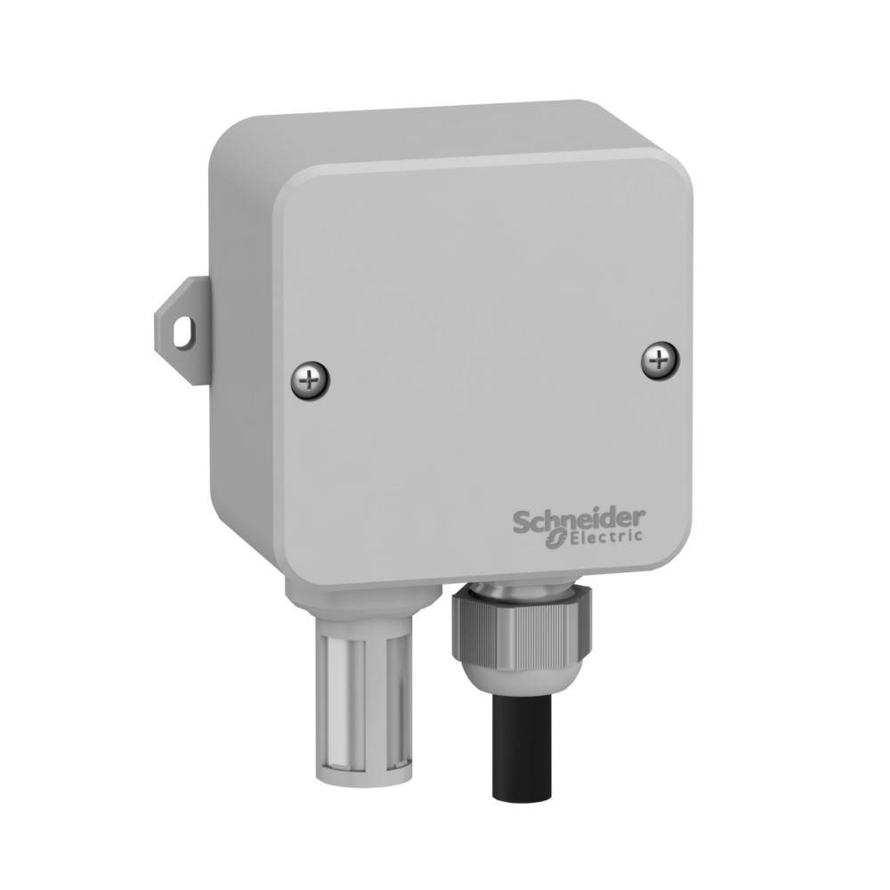 Eine graue Schneider Electric Außenverteilerdose mit Anschlüssen am Boden, die zur Aufnahme elektrischer Komponenten verwendet wird.