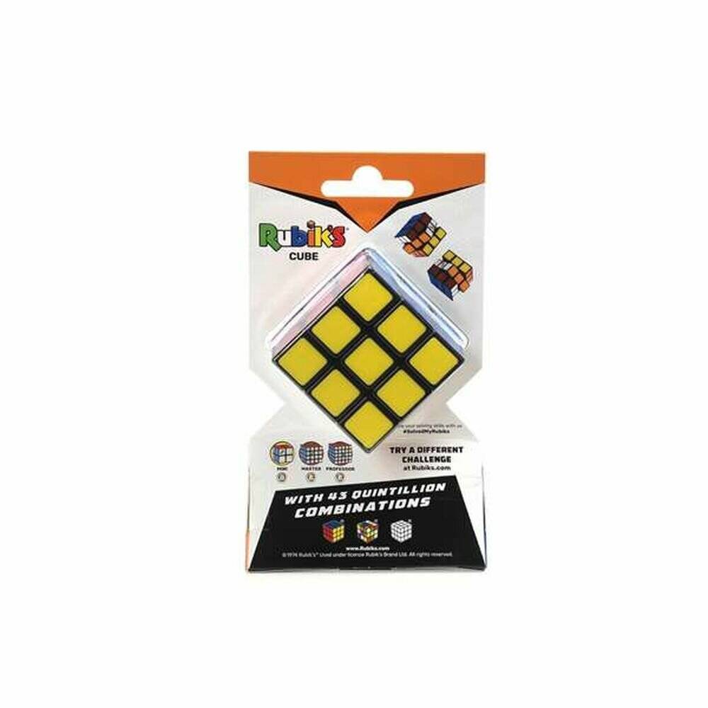 Rubik's Würfel Spielzeug in Verpackung, zeigt einen gelben 3x3 Würfel und Text „Mit 5 Quintillionen Kombinationen".