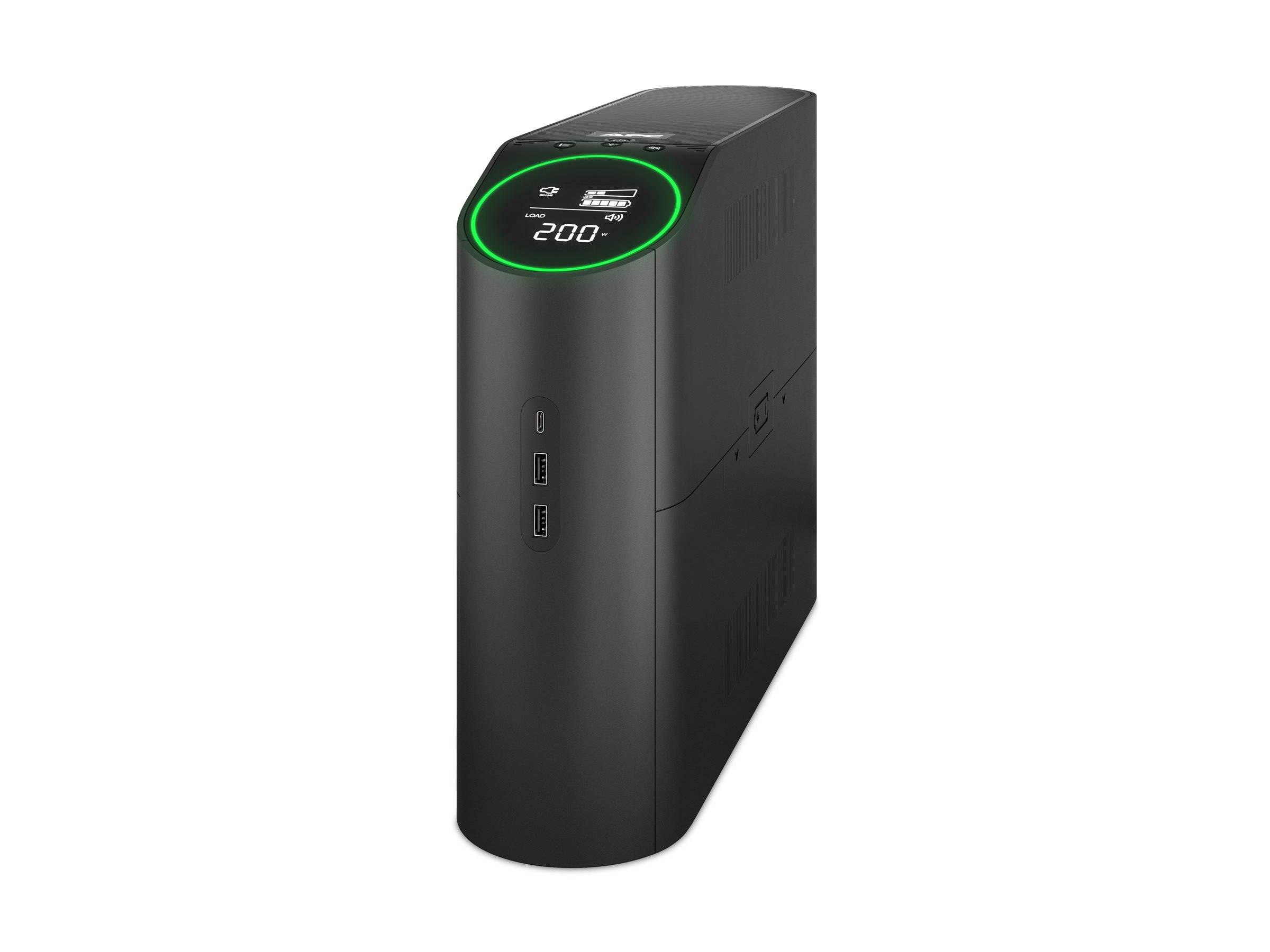 Schwarzer Tower-USV-Batterienotstromversorgung mit vorderer LCD-Anzeige zeigt 200 und grünem Statusring, mit vorderen Stromauslässen.