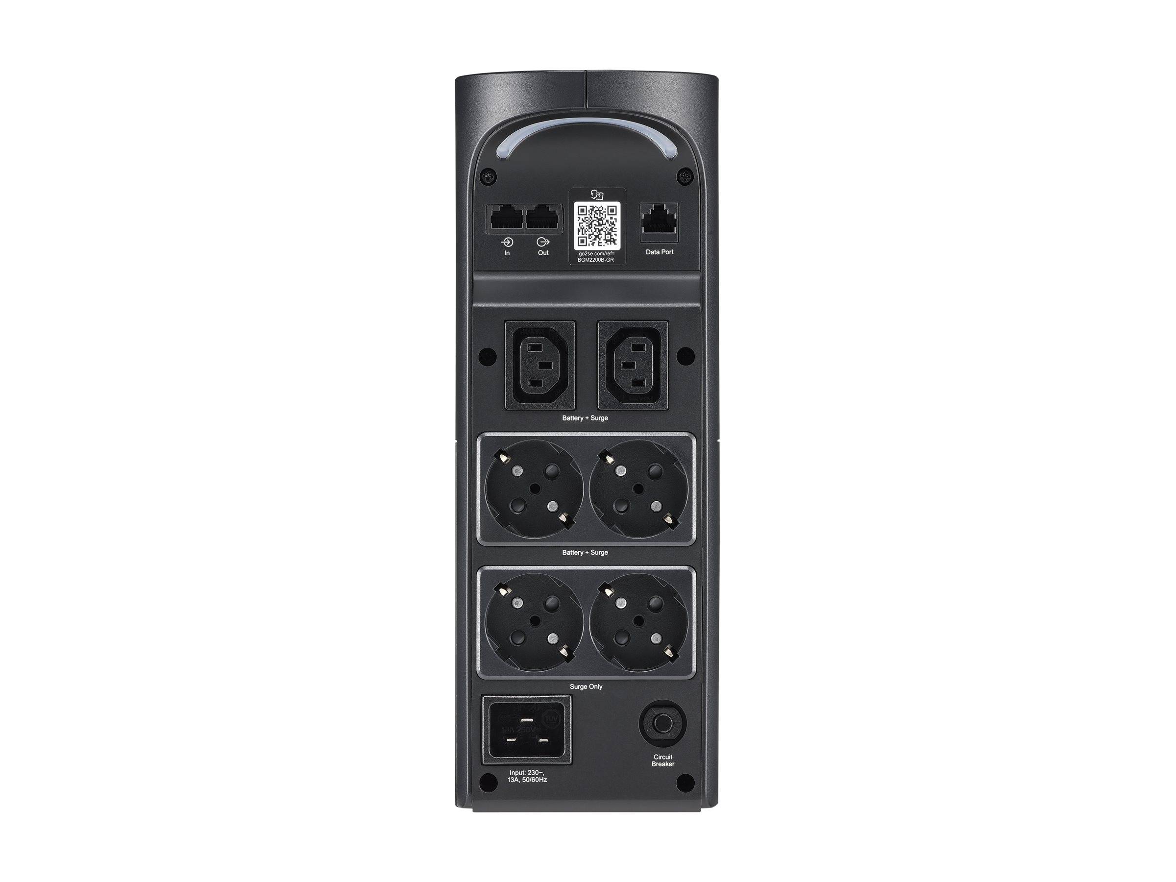 Tragbares Stromversorgungsgerät mit Frontplatte mit Display, USB- und AC/DC-Ausgabeanschlüssen sowie einem QR-Code oben.