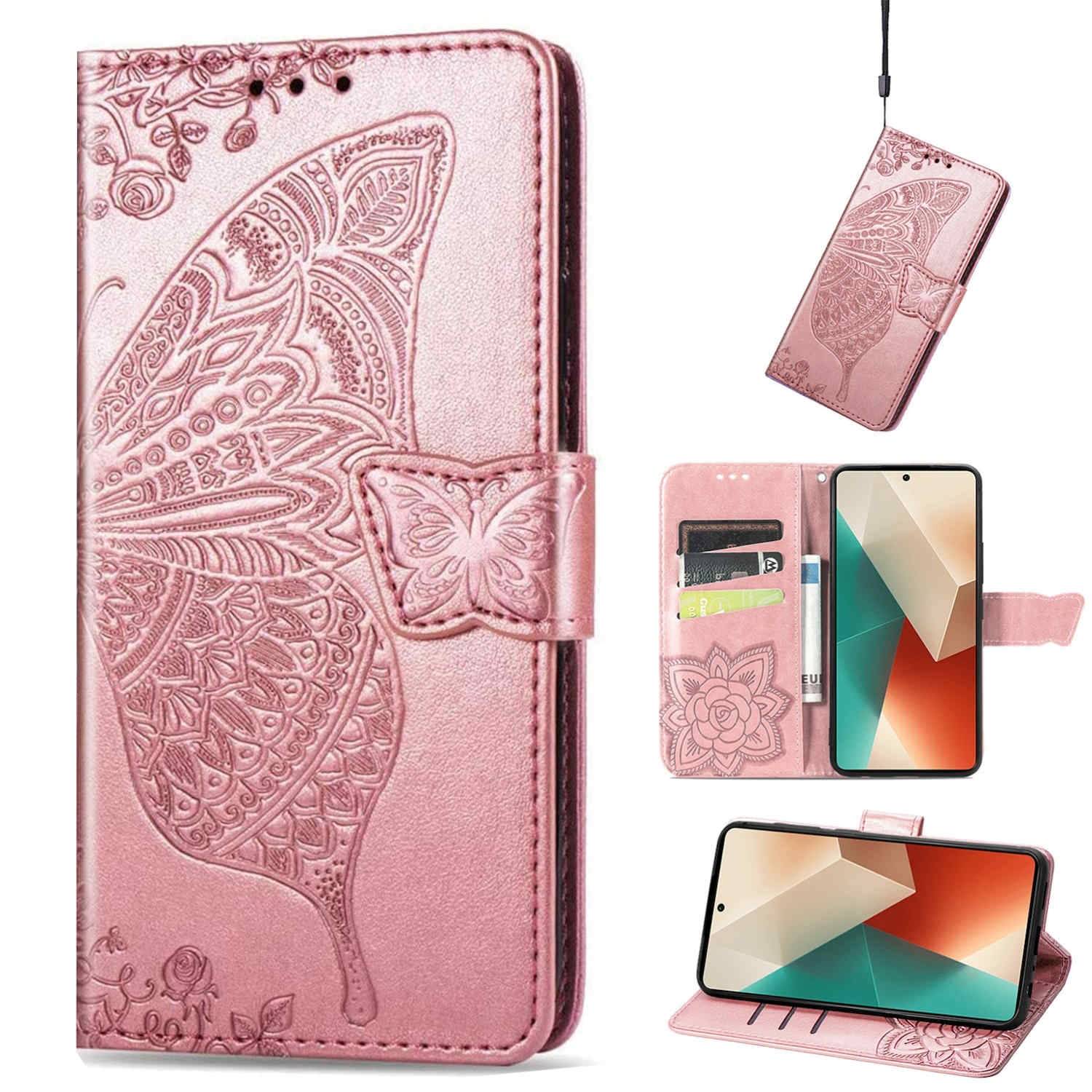 Für Xiaomi Poco M6 Pro 4G / Redmi Note 13 Pro 4G Kunstleder Wallet Handy Tasche Schmetterling Design Schutz Hülle Rosa