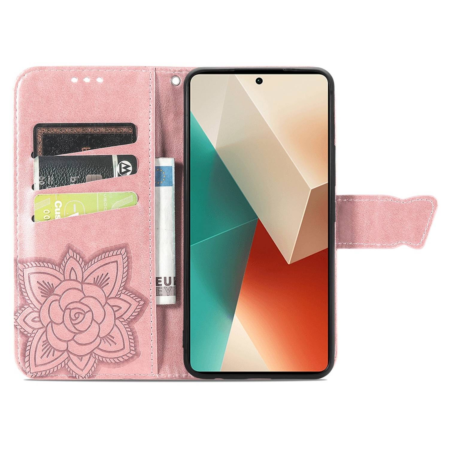 Für Xiaomi Poco M6 Pro 4G / Redmi Note 13 Pro 4G Kunstleder Wallet Handy Tasche Schmetterling Design Schutz Hülle Rosa