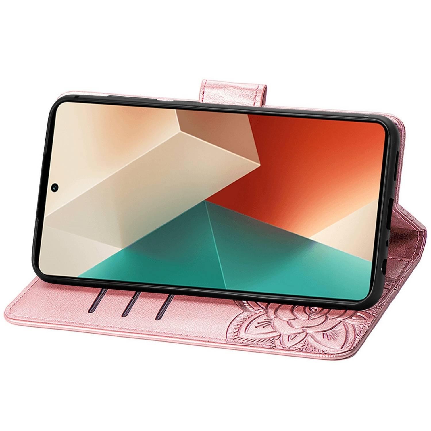 Für Xiaomi Poco M6 Pro 4G / Redmi Note 13 Pro 4G Kunstleder Wallet Handy Tasche Schmetterling Design Schutz Hülle Rosa