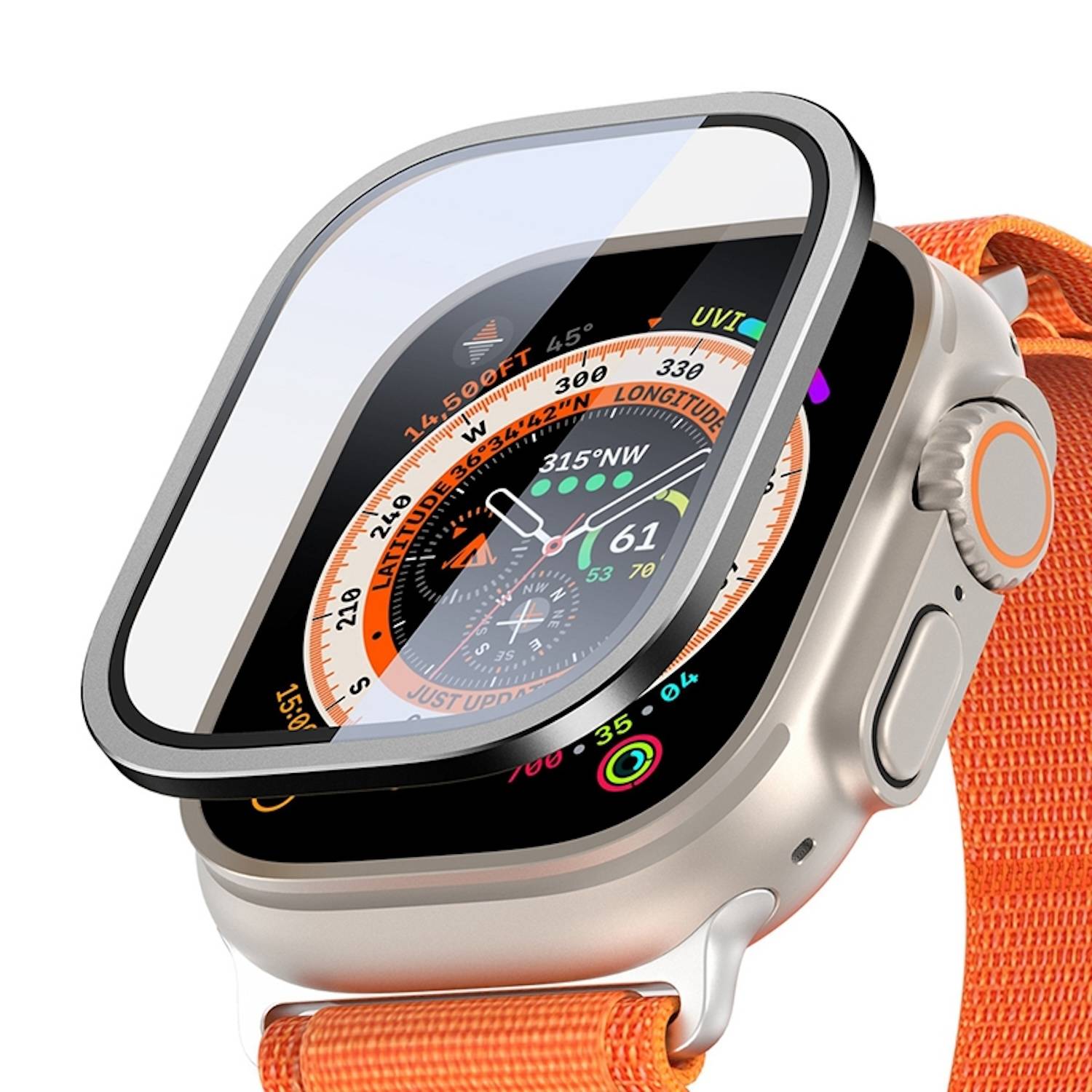2in1 9H Schutzglas für Apple Watch Ultra 4 3 2 1 49mm mit Alu Rahmen Schwarz