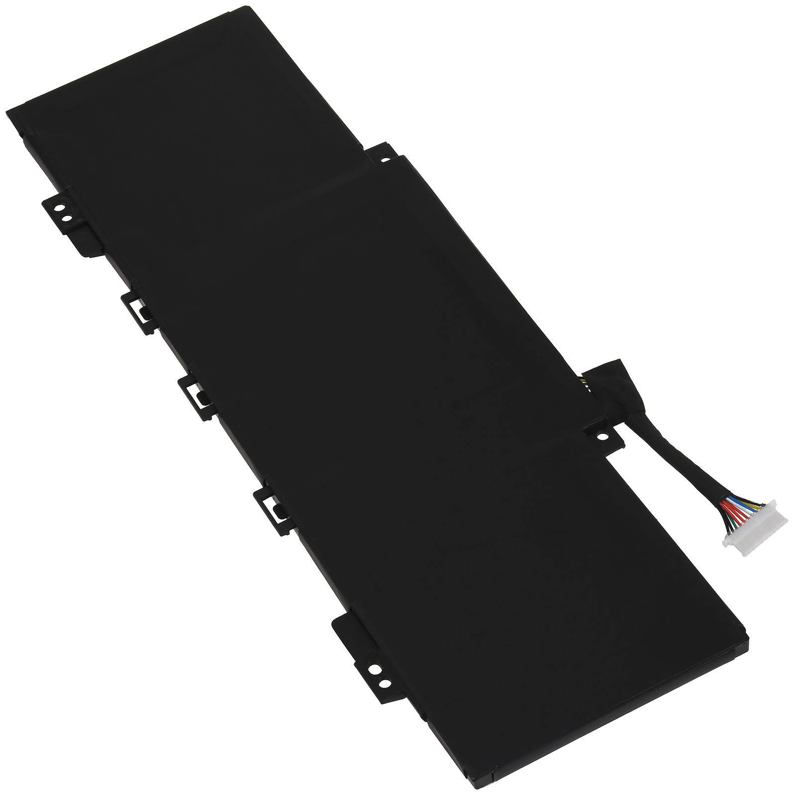 Schwarzes rechteckiges Laptop-Akkupack mit Befestigungslaschen und mehrfarbigem Anschllusskabel