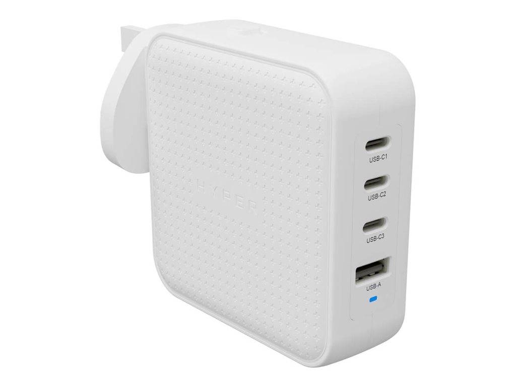 Weiches Wandladegerät mit klappbarem Stecker und vier USB-Anschlüssen an der Seite, vor einem neutralen Hintergrund dargestellt.