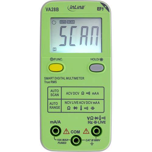InLine VA28B EF+ Smart Digital Multimeter zeigt 'SCAN' auf dem Bildschirm an, mit Schaltflächen für automatische Abtastung, AC/DC-Spannung und StromMesseinstellungen.