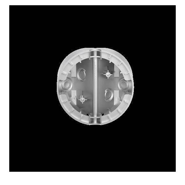 Eine runde, graue Kunststoff-Befestigungsklammer mit zwei Metallstangen in der Mitte, die für die Befestigung elektronischer Geräte auf Oberflächen konzipiert ist.