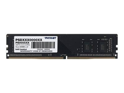 Einzelnes Patriot-Computer-RAM-Modul, Vorderseite gezeigt, mit weißem Produktetikett, Barcode und vergoldeter Steckkante.