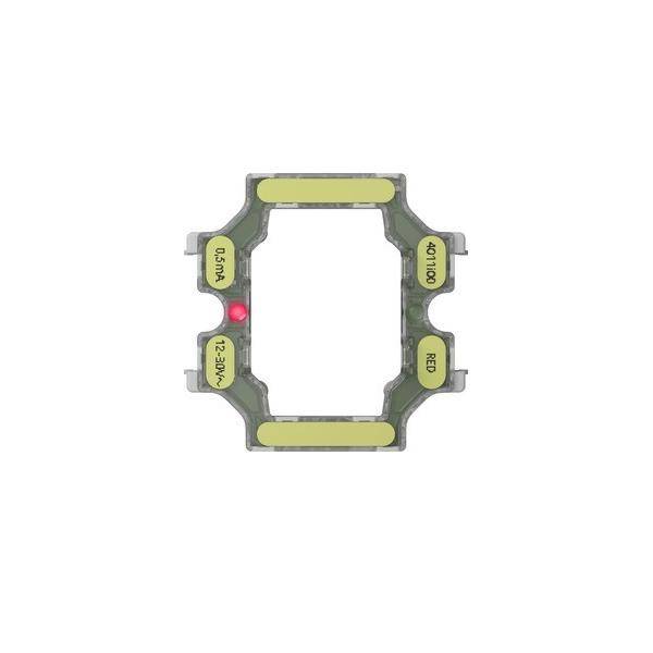 Eine kleine quadratische Leiterplatte mit einem zentralen quadratischen Ausschnitt, mit gelben rechteckigen Komponenten, die mit '6,5 mm', 'LED', '2,3 mm' und 'ROT' beschriftet sind.