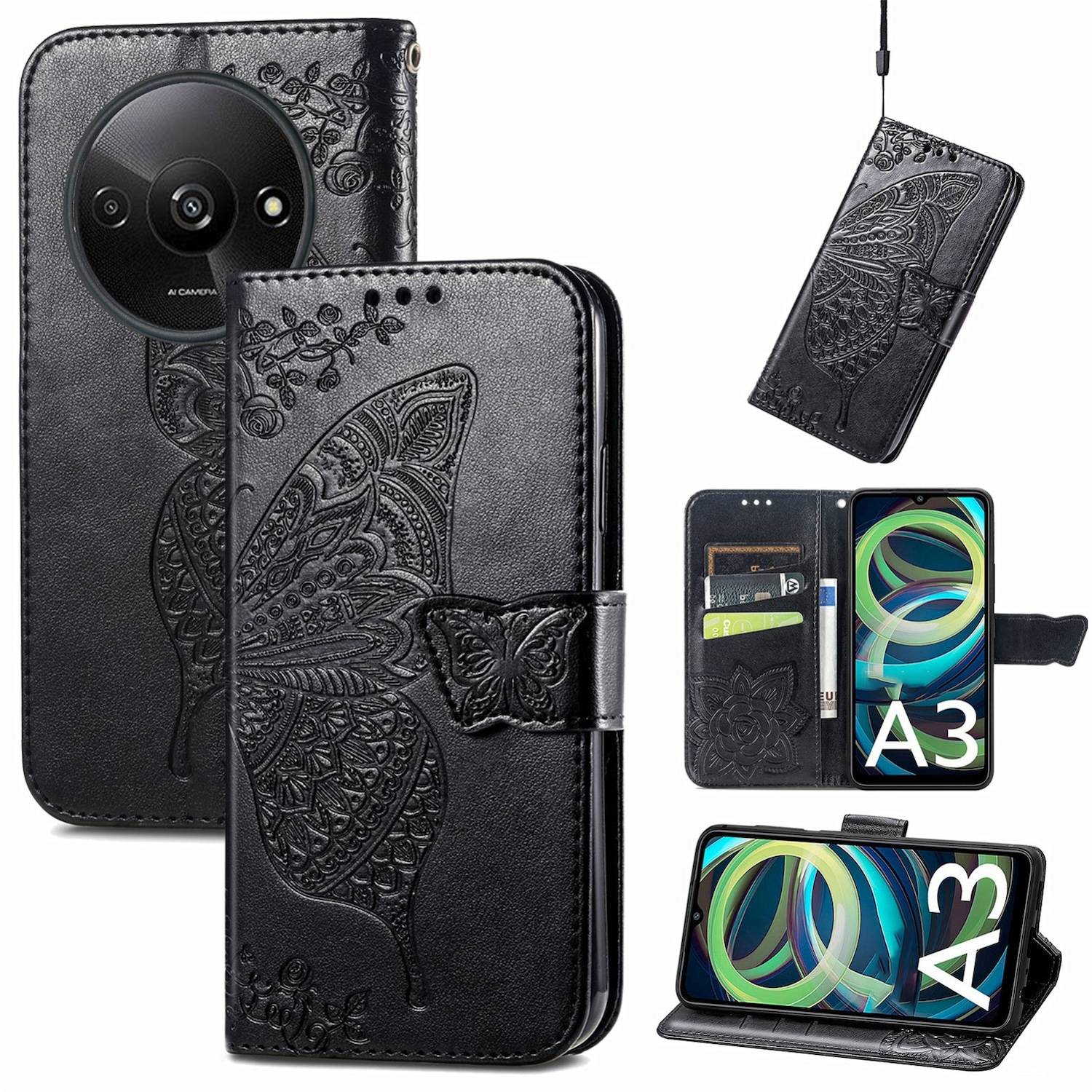 Für Xiaomi Redmi A3 Kunstleder Wallet Handy Tasche Schmetterling Design Hülle Etuis Schwarz