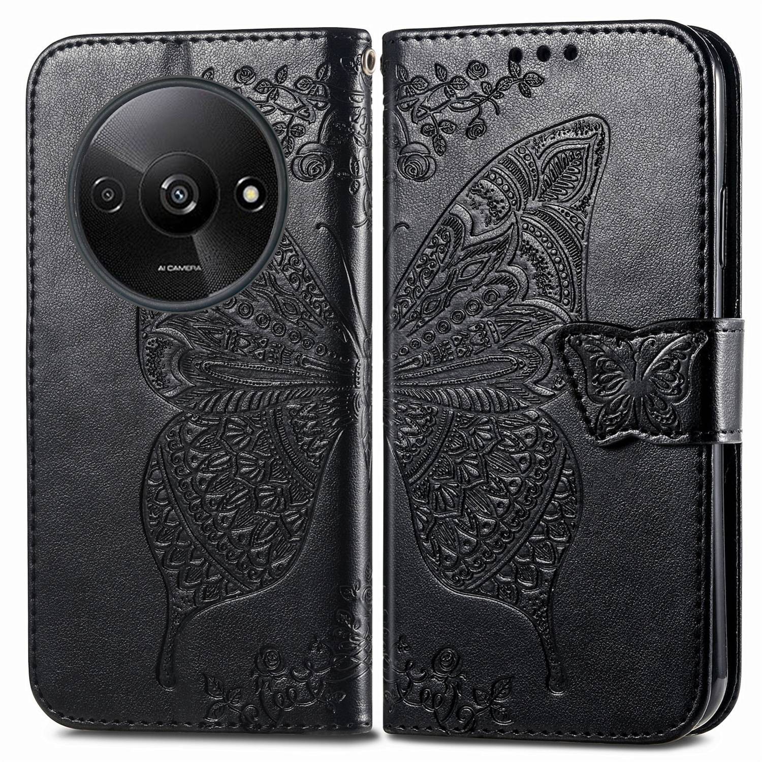 Für Xiaomi Redmi A3 Kunstleder Wallet Handy Tasche Schmetterling Design Hülle Etuis Schwarz