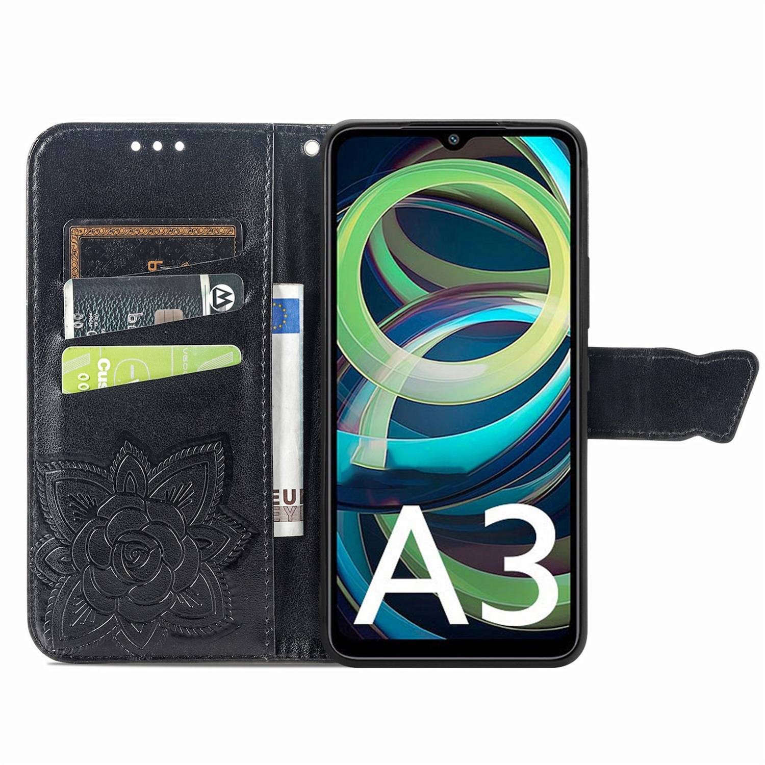 Für Xiaomi Redmi A3 Kunstleder Wallet Handy Tasche Schmetterling Design Hülle Etuis Schwarz