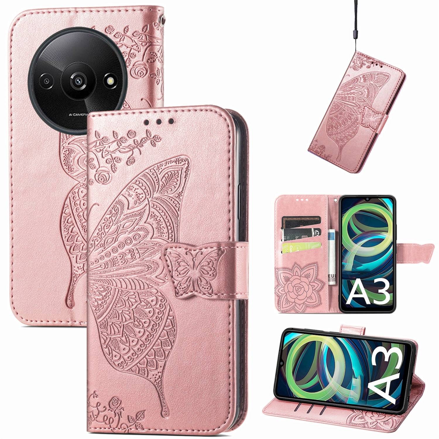 Für Xiaomi Redmi A3 Kunstleder Wallet Handy Tasche Schmetterling Design Hülle Etuis Rosa